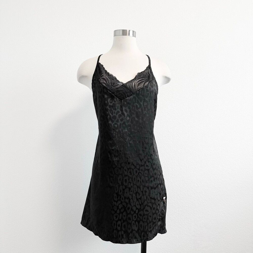 Rachel Roy Black Leopard Cheetah Bow Slip Dress Satin Mini Slit Medium